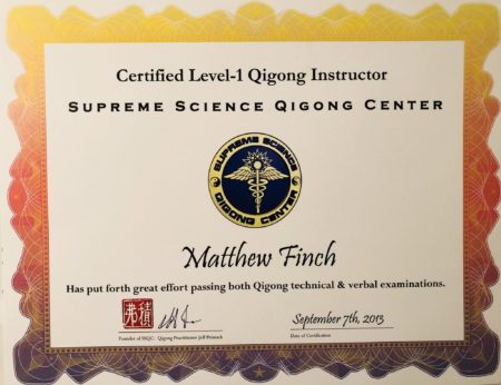 Certified Level-1 Qigong Instructor by Supreme Science Qigong