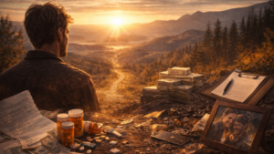 A cinematic image symbolizing recovery as a course correction, contrasting the costs of addiction with the clarity, stability, and future created by investing in strategic opioid recovery support.