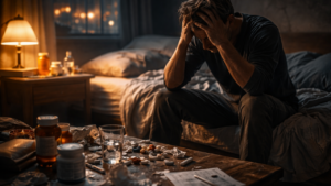 A cinematic scene symbolizing nervous system overload and panic during opioid withdrawal when detox is attempted without adequate preparation or support