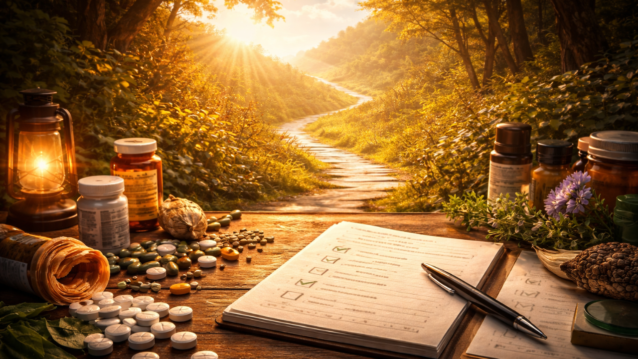 A symbolic cinematic image representing a calm, strategic, comfort-first path to quitting opioids safely and restoring balance to the nervous system.