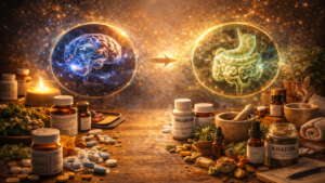 A cinematic image illustrating the science of comfort in opioid withdrawal by symbolizing nervous system regulation and digestive system balance through integrated medical and natural supports.