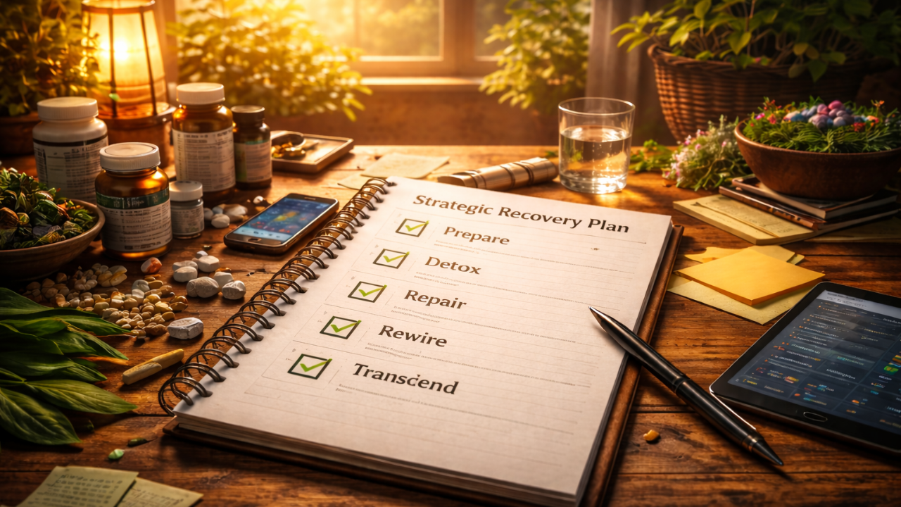 A cinematic image representing the Strategic Recovery Framework, showing a calm, organized, multi-phase plan for opioid detox, nervous system repair, and long-term healing.