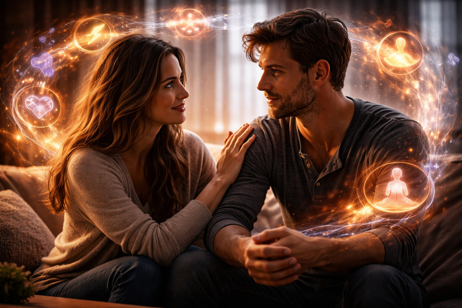 Cinematic image of a man receiving supportive connection with glowing symbols of brain healing and emotional regulation, representing reframing addiction from shame to biological understanding and recovery