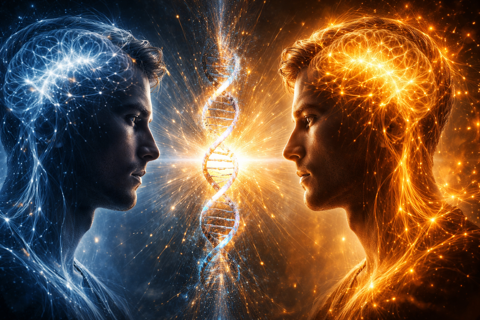 Cinematic image of two human profiles facing each other with glowing neural networks and a DNA strand between them, representing biochemical individuality and how biology influences addiction risk and response