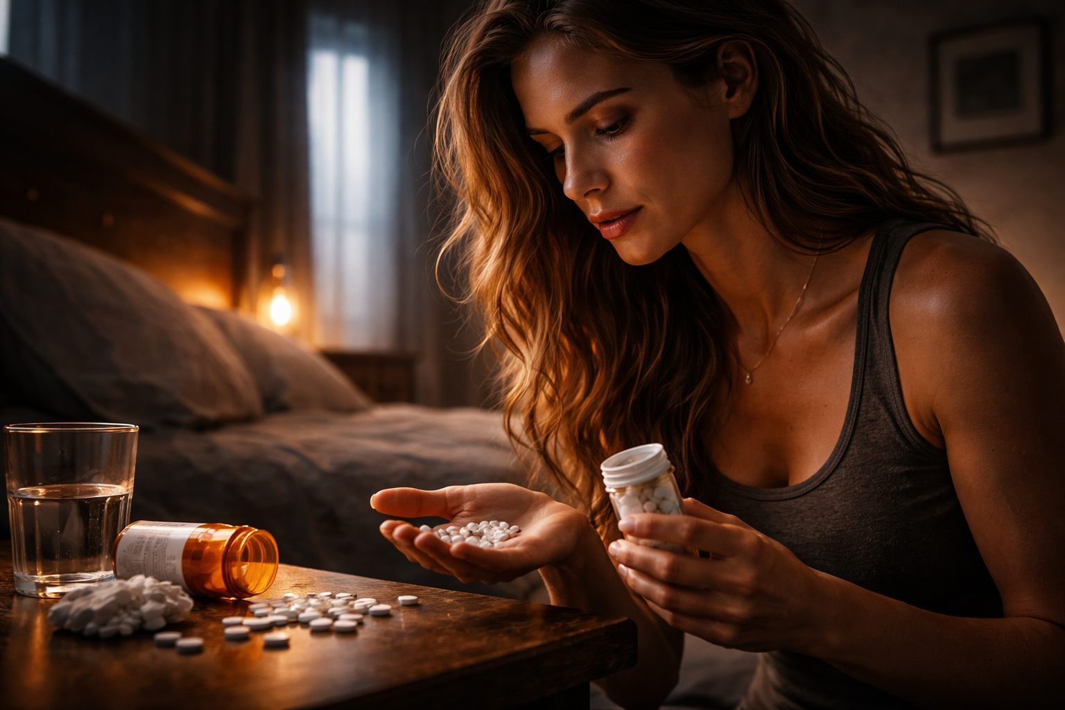 Cinematic image of a woman calmly holding opioid pills with no visible distress, representing naturally high opioid tolerance and lack of early warning side effects that increase addiction risk