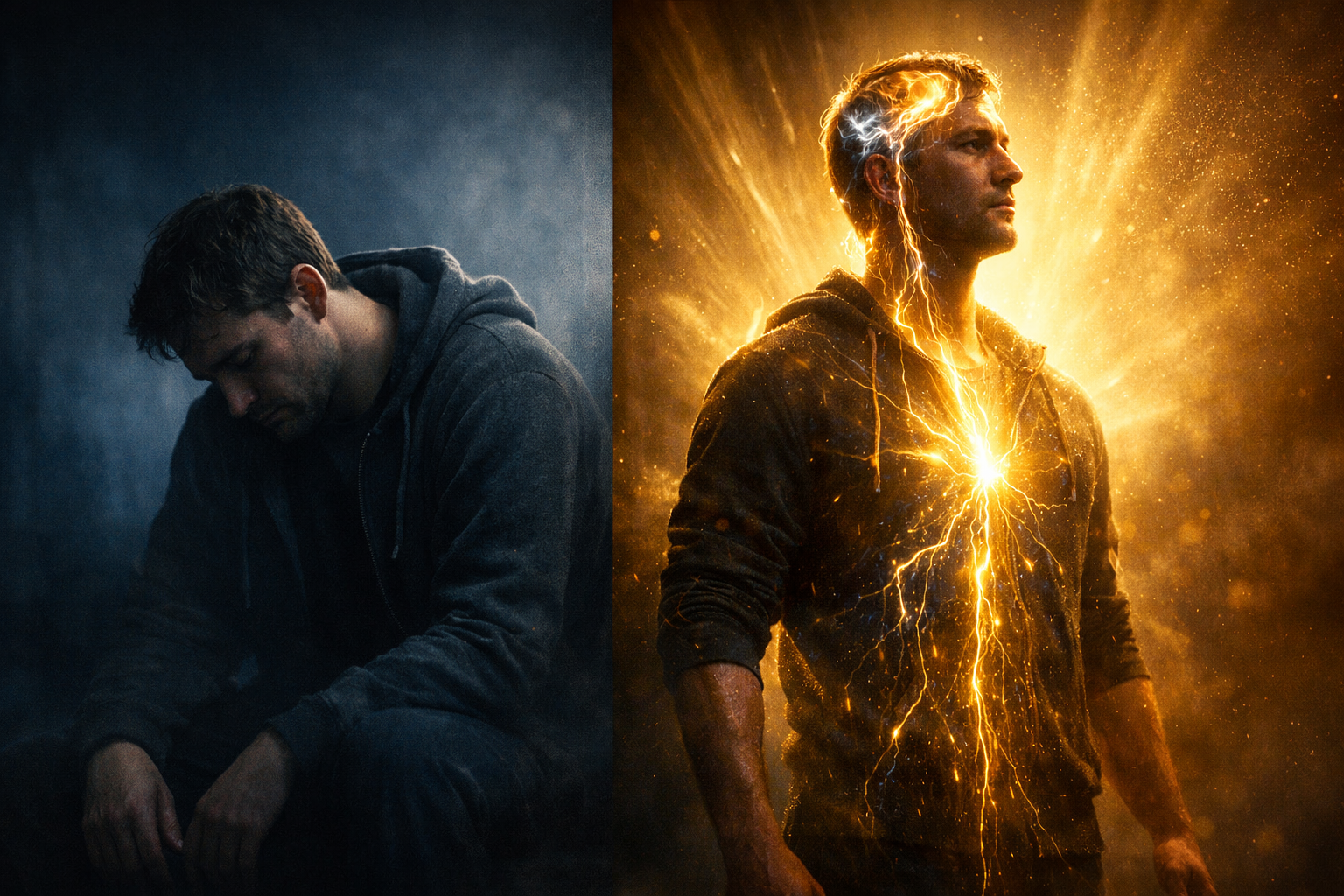 Cinematic split image showing two different opioid experiences, one side fatigued and disconnected in dark tones, the other energized and confident with glowing neural energy, representing biological differences in addiction response