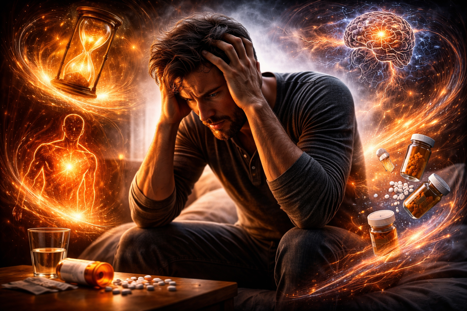 Cinematic image of a man overwhelmed by swirling symbols of addiction risk including brain activity, time pressure, physical pain, and pills, representing the combined effects of multiple opioid addiction predictors