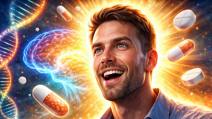 Illustration of a man experiencing opioid-induced euphoria with a glowing brain, floating pills, and DNA strands representing genetic and biochemical risk factors for opioid addiction
