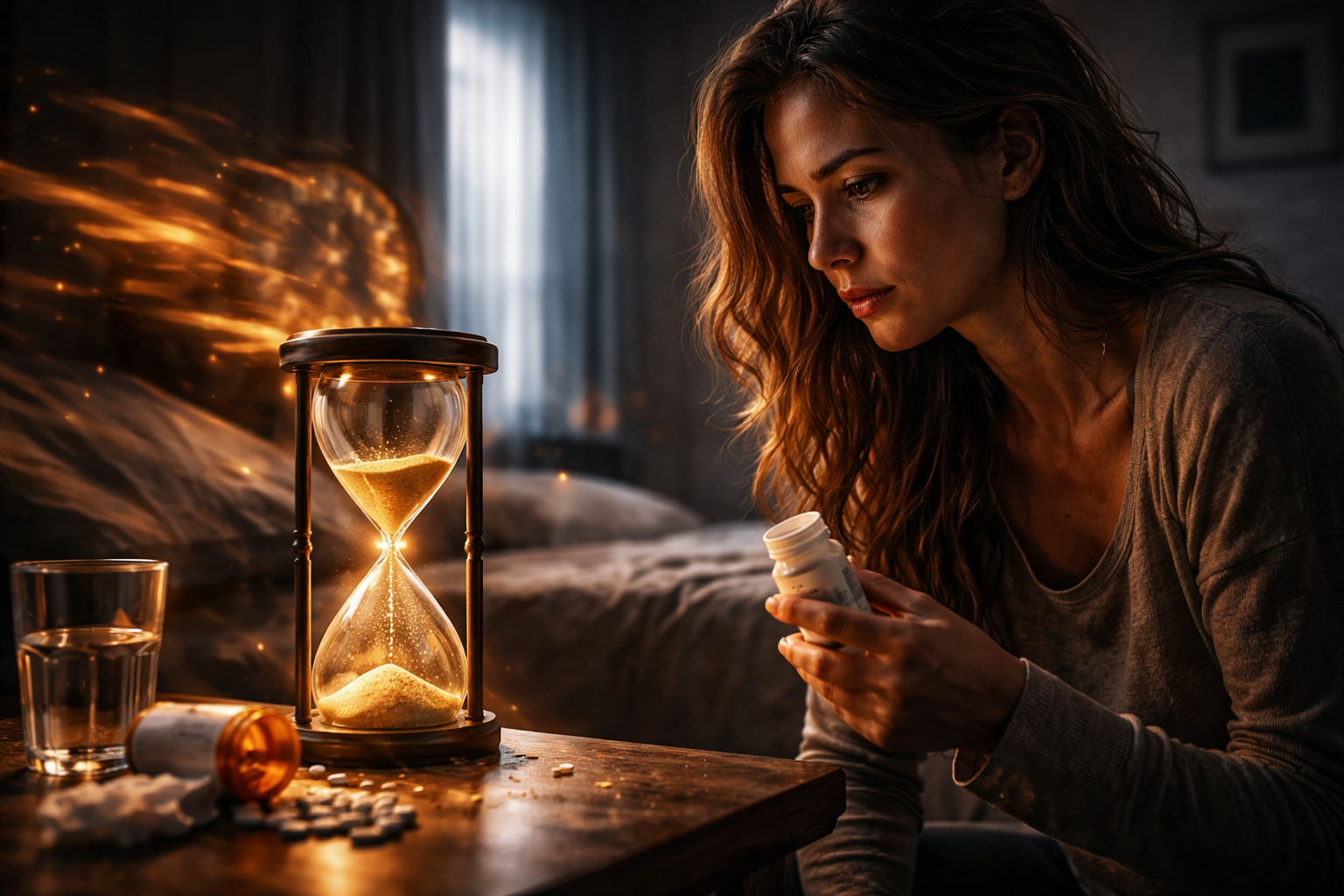 Cinematic image of a woman holding a pill bottle and staring at a glowing hourglass, symbolizing fast opioid metabolism and short-lived effects leading to repeated use and addiction cycles