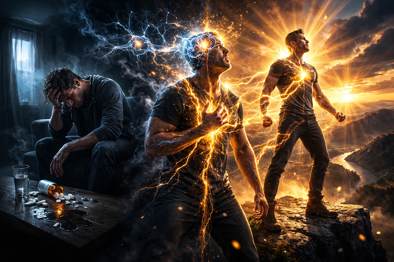 Cinematic image showing a man transitioning from exhaustion and stress to energized confidence with glowing neural and body energy, illustrating the hypomania effect of opioids in certain individuals