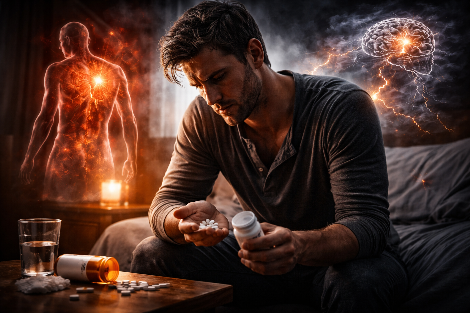 Cinematic image of a man holding opioid pills with visual representations of physical pain, emotional distress, and brain stress activity behind him, illustrating how opioids relieve multiple types of pain and increase addiction risk