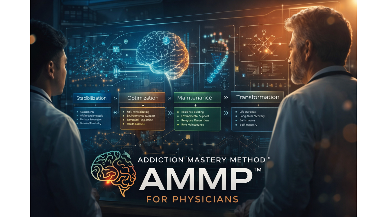 Physicians reviewing a structured phase-based addiction treatment system with brain visualization and integrated clinical framework for addiction medicine.