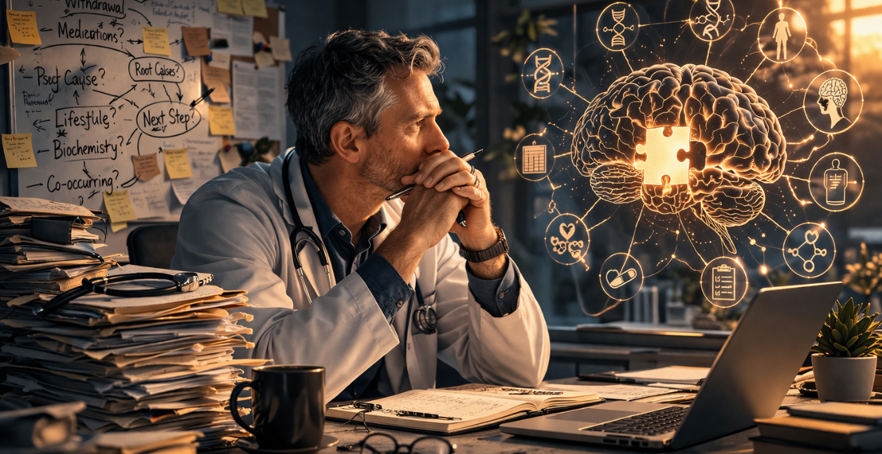 Physician analyzing addiction treatment complexity with a brain diagram showing a missing piece representing the lack of a structured system in addiction medicine