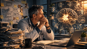 Physician analyzing addiction treatment complexity with a brain diagram showing a missing piece representing the lack of a structured system in addiction medicine