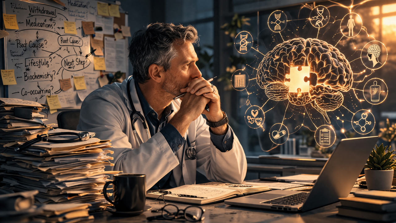 Physician analyzing addiction treatment complexity with a brain diagram showing a missing piece representing the lack of a structured system in addiction medicine