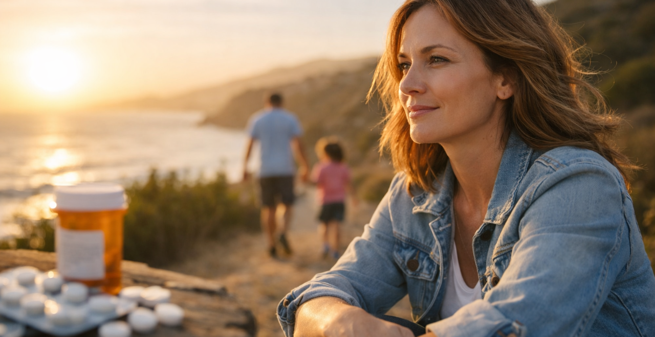 Woman reflecting on recovery journey at sunset with blurred medication in foreground and family walking in distance, symbolizing freedom from codeine dependence.