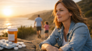 Woman reflecting on recovery journey at sunset with blurred medication in foreground and family walking in distance, symbolizing freedom from codeine dependence.